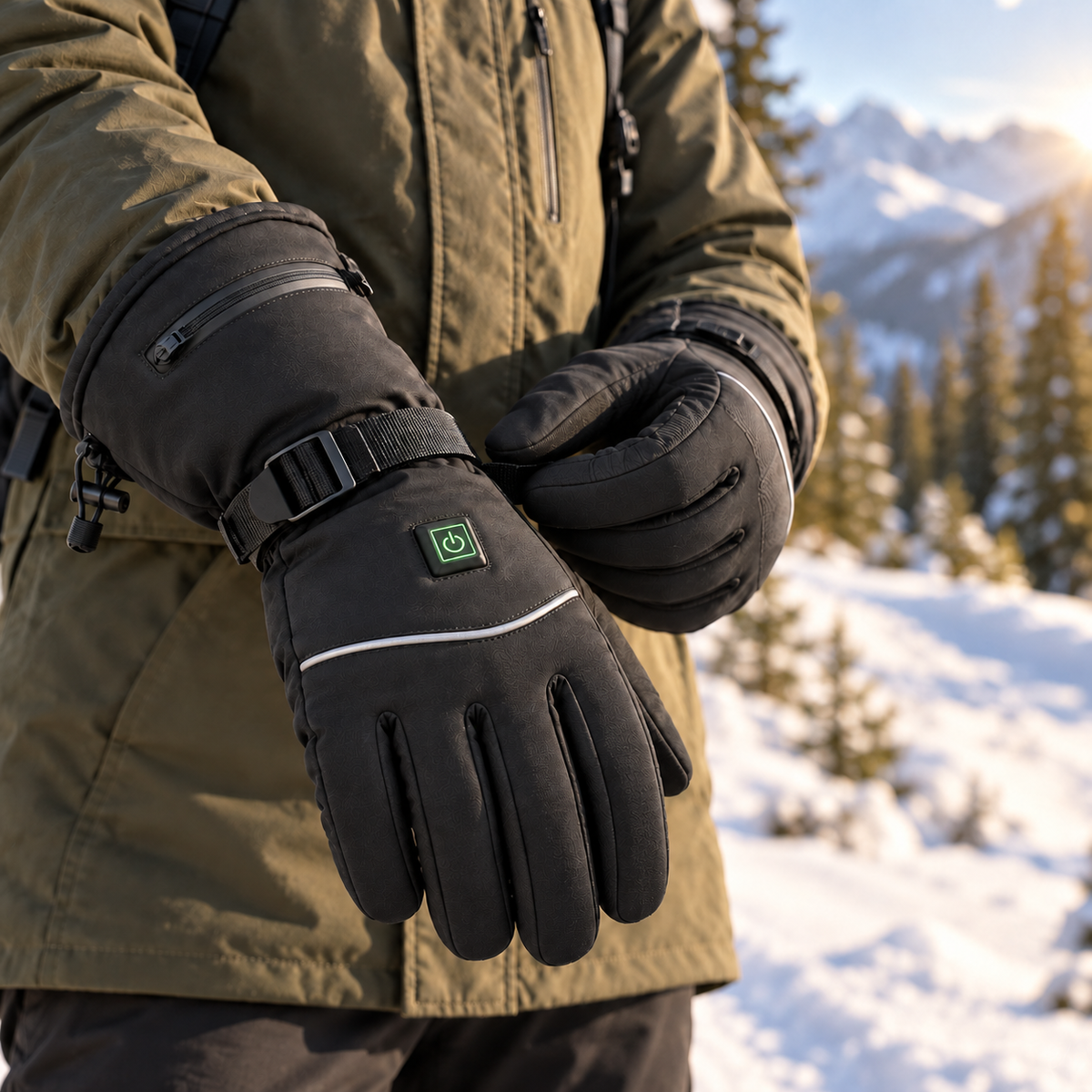 Mise en scène des gants chauffants TrendSpot portés en montagne enneigée