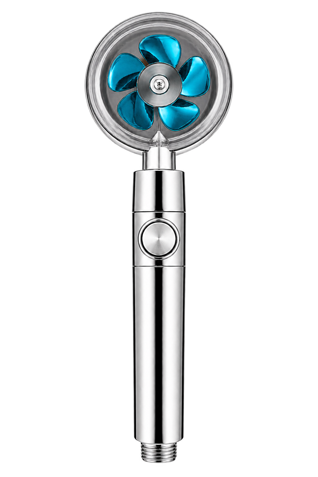 Pommeau Turbo 360 chromé à hélice bleue — visuel retouché