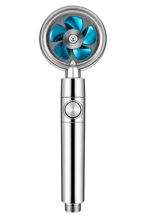 Pommeau Turbo 360 chromé à hélice bleue — visuel retouché