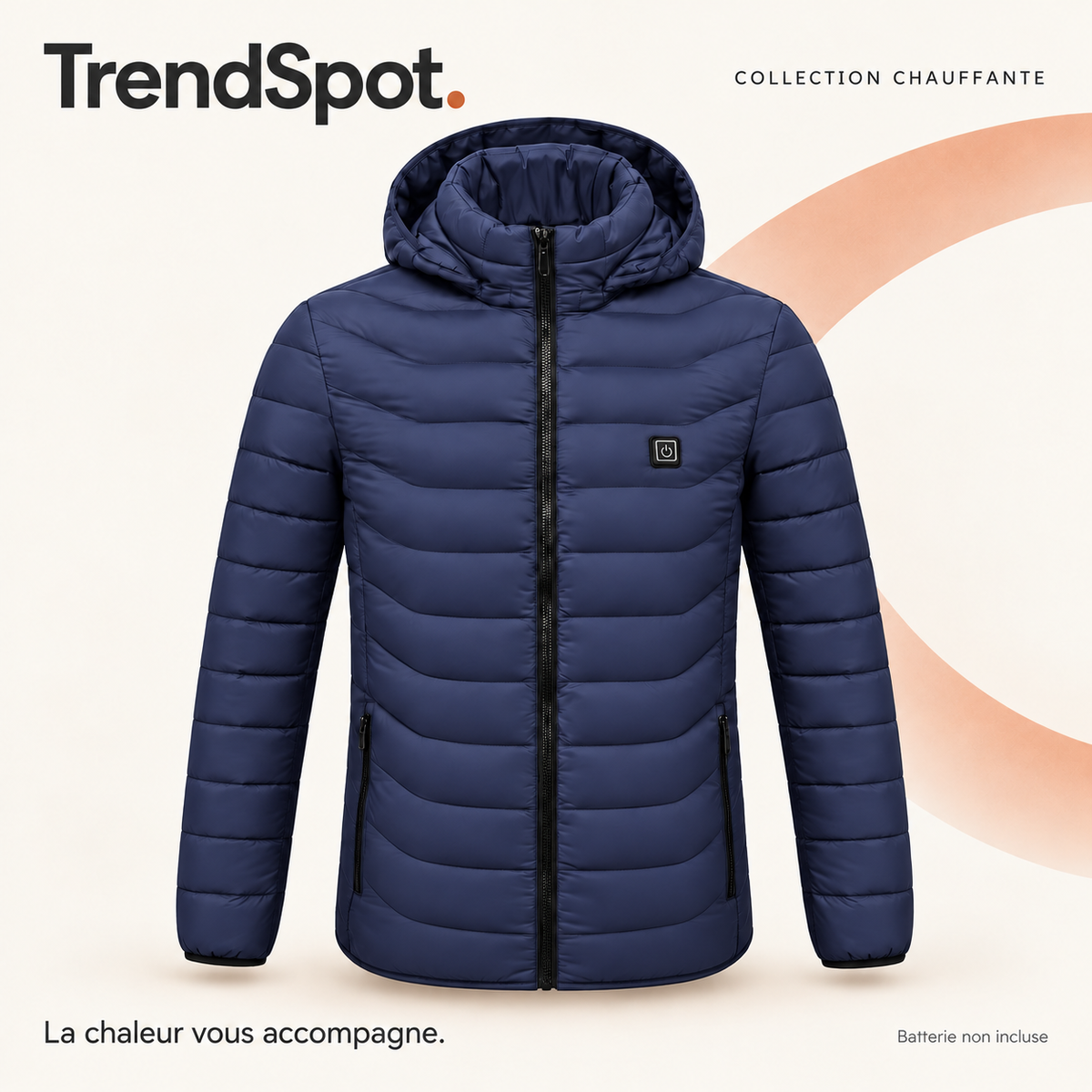 Veste chauffante bleue à capuche — présentation TrendSpot